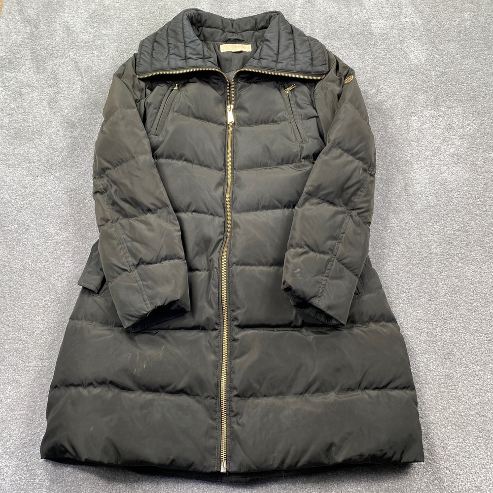 Michael Kors Puffer Coat Women Size M Black Belted Down Quilted Mid Length